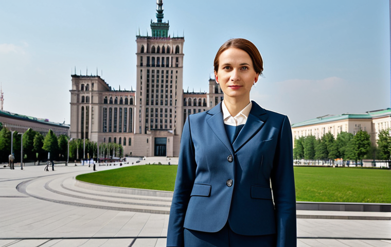 **
"Professional Polish businesswoman in a modest, tailored business suit, standing in a modern Warsaw office with the Palace of Culture and Science visible in the background, fully clothed, appropriate attire, safe for work, perfect anatomy, natural proportions, professional photography, high quality."
**