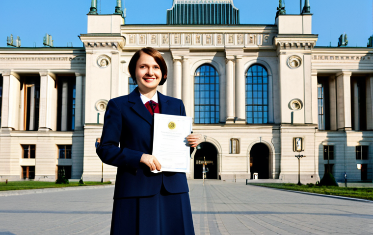 **
"A professional woman in a modest business suit, standing confidently in front of the Palace of Culture and Science in Warsaw, Poland. She is holding a diploma or certificate. The scene is bright and professional, suggesting success and achievement. Fully clothed, appropriate attire, safe for work, perfect anatomy, natural proportions, professional photography, high quality, family-friendly."
**