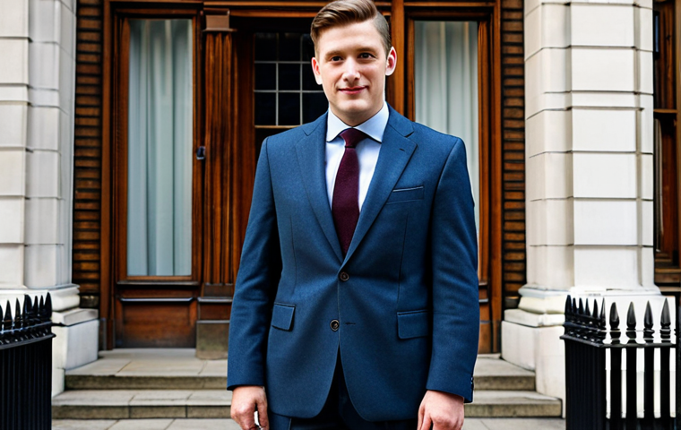 England - Professional Linguist**
"A professional linguist, fully clothed in a tailored business suit, standing confidently in front of the Chartered Institute of Linguists building in London, appropriate attire, safe for work, perfect anatomy, well-formed hands, professional environment, modest dress, high quality."
**
