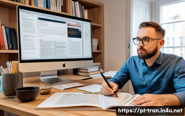 통역사로서 국제 이슈를 이해하는 법 - A professional Polish translator working at a modern desk filled with dual monitors displaying trans...