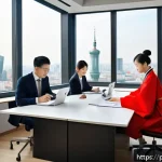 통역사 취업에 유리한 언어 - A modern office scene in Warsaw featuring a diverse group of professional translators collaborating ...