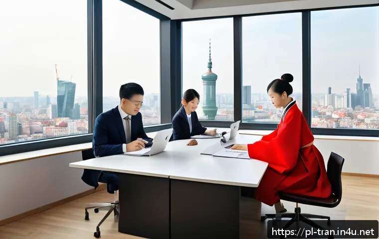 통역사 취업에 유리한 언어 - A modern office scene in Warsaw featuring a diverse group of professional translators collaborating ...