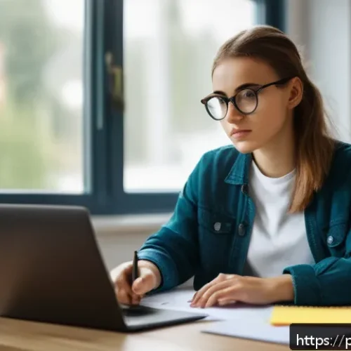 통역사 자격증 시험장 꿀팁 - A focused young adult woman sitting at a tidy desk in a modern study room, wearing casual clothes an...