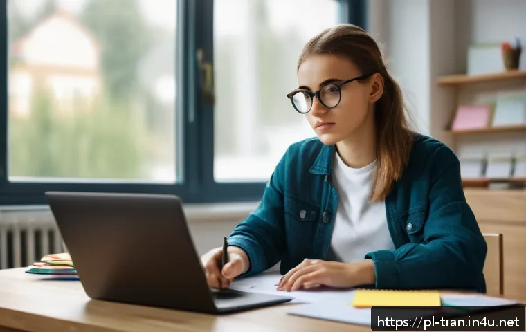 통역사 자격증 시험장 꿀팁 - A focused young adult woman sitting at a tidy desk in a modern study room, wearing casual clothes an...